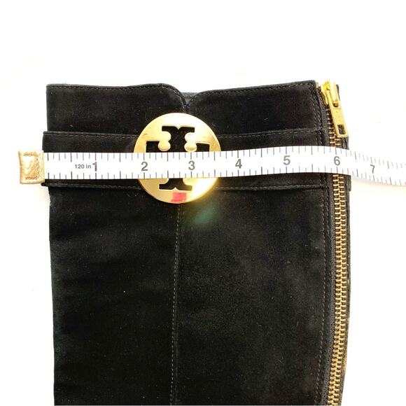 Tory Burch Black Suede Knee-High Riding Boots 7.5 Gold Logo Detail - Picture 9 of 9